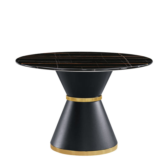 Marble Printed Round Dining Table - Black Columnar Base With Gold Annulus Not Including Chairs - Black