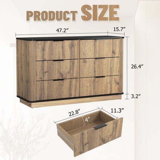 Modern 6 Drawer Cabinet With Metal Rounded Corners And Exquisite Handles Multi Functional Storage - Natural Wood