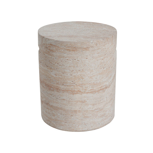 Modern Concrete Side Table With Travertine, Indoor / Outdoor Use - Beige
