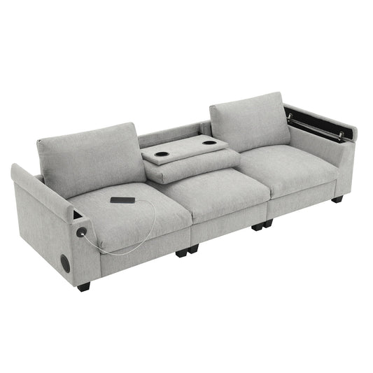 Sectional With Bluetooth Speaker Comfy Cloud Couch Set With Drop Down Table Cup Holders, USB Charger Storage Armrest Wide Seat Sofa