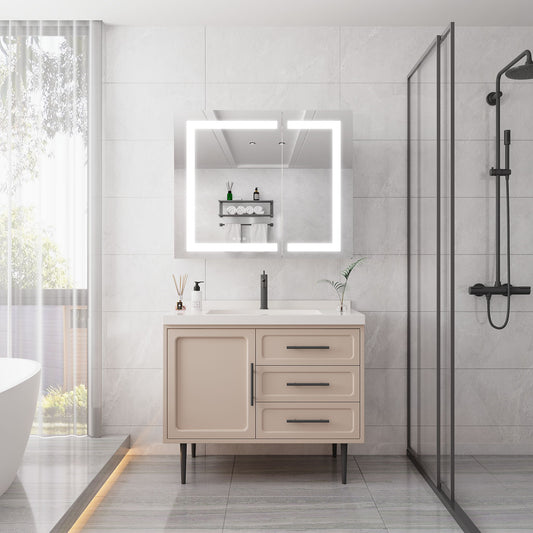 36" X 30" Medicine Cabinet With LED Vanity Mirror, Anti-Fog Recessed Or Surface Mount Bathroom Double Door Large Storage 3000K~6000K Bright Lighted Aluminum Storage Cabinet With Touch Switch - Silver