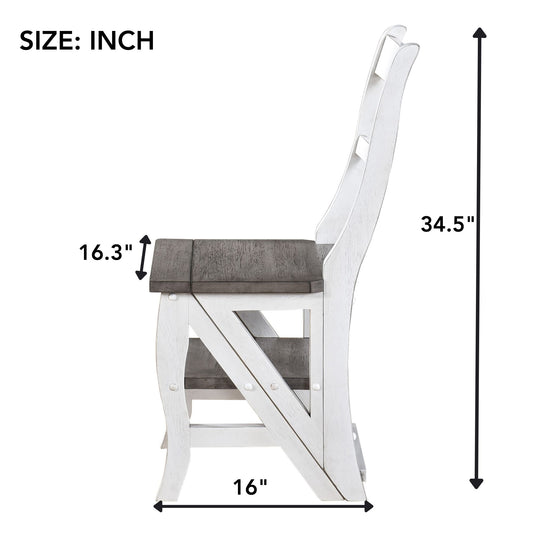 Solid Wood Foldable Ladderchair Dual Purpose Stepladders Step Display Stand Flower Stand Forhome, Library, Kitchen - Antique White / Sandstone