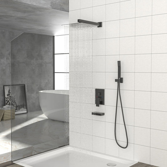 12" Ceiling Mount Square Shower System With Waterfall Tub Spout And Handheld Shower