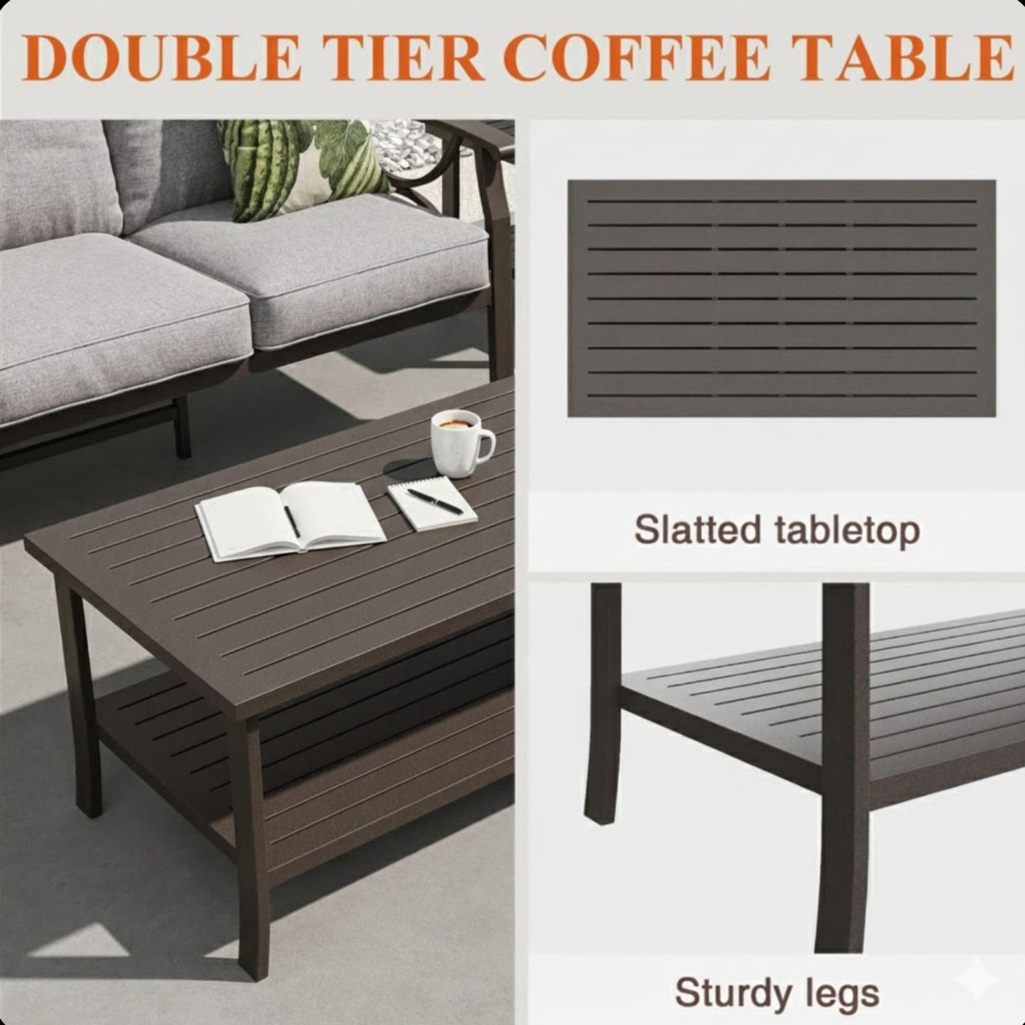 Rectangular Outdoor Coffee Table, 2 Tier All Weather Patio Table - Brown