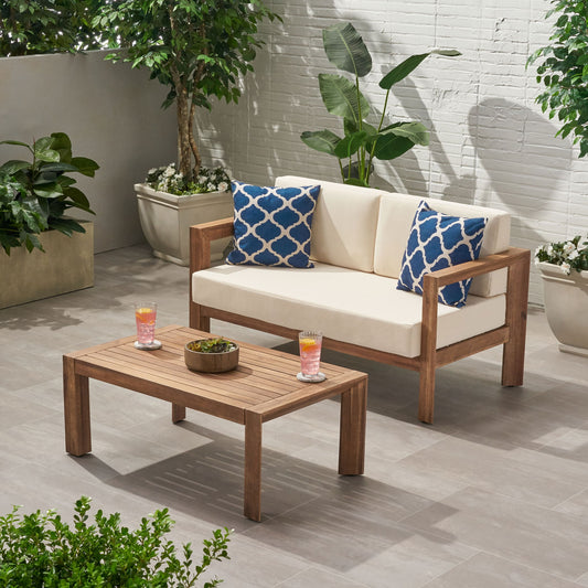 2 Piece Patio Set With Open-Back Loveseat And Coffee Table - Beige / Brown