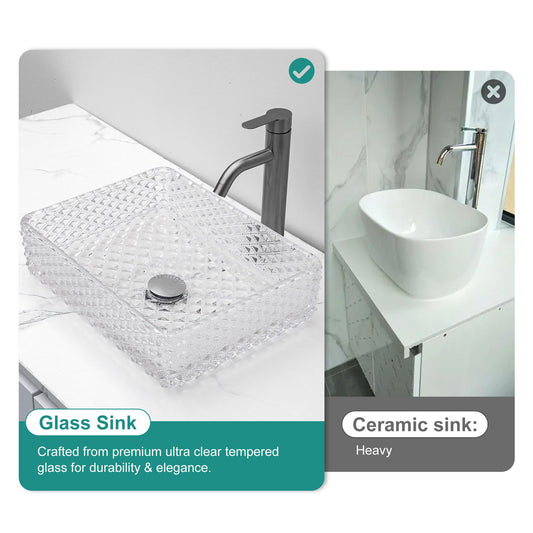 Rectangle Vessel Sink With Diamond Texture With Pop Up Drain (No Faucet) - White