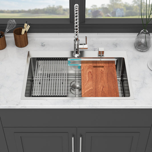 33" Drop In Kitchen Sink Single Bowl 16 Gauge Stainless Steel Ledge Workstation - Black