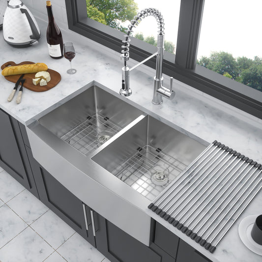 Double Bowl Farmhouse Sink, Stainless Steel Apron Front Kitchen Sink 16 Gauge - Brushed Nickel