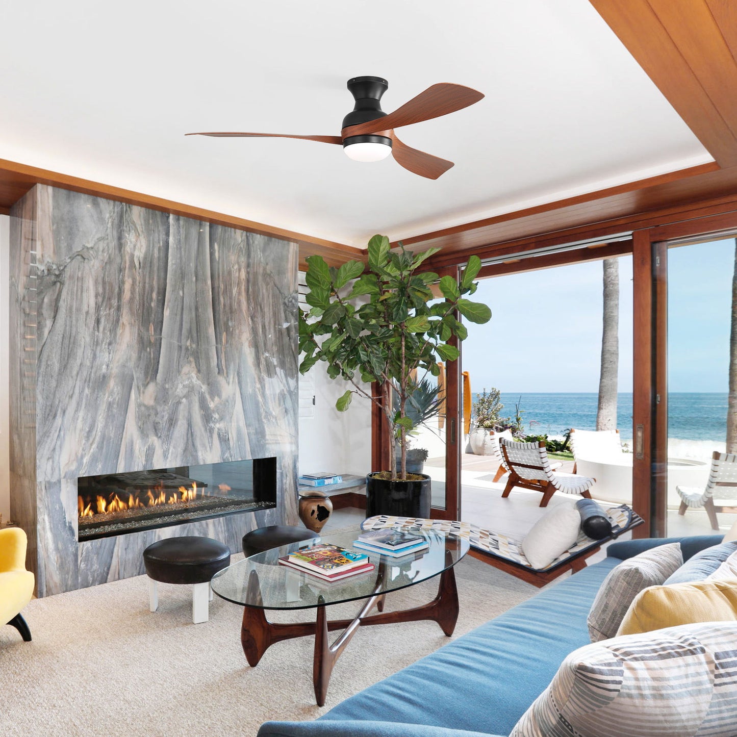 Ceiling Fan With Remote Controlled LED Light, 3 Blades, Reversible DC Motor, 6 Speeds, Dimmable, Flush Mount - Black