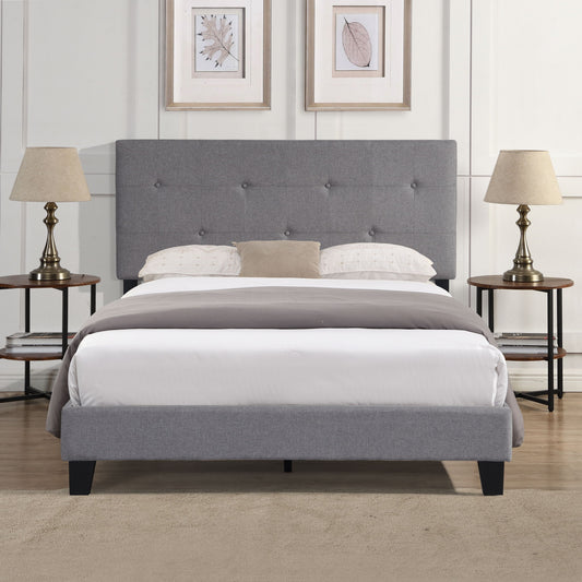 Modern Upholstered Platform Bed Frame With Button Tufted Linen Headboard And Wood Slat Support