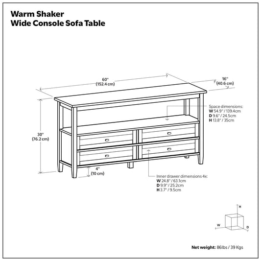 Warm Shaker - Wide Console Sofa Table - Light Golden Brown