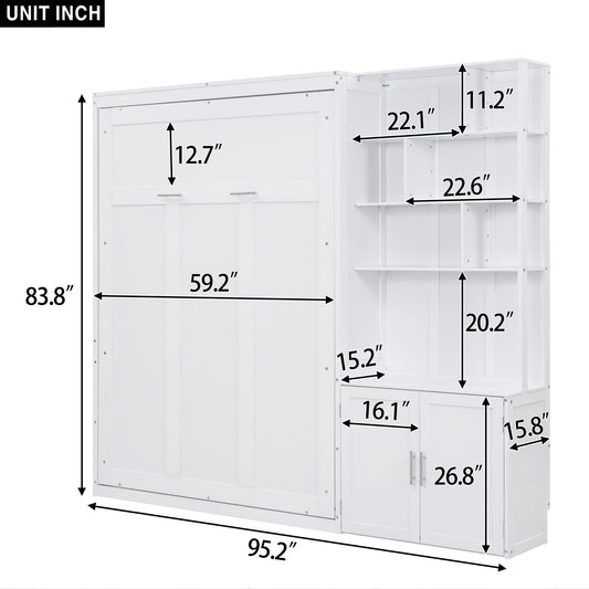 Full Size Murphy Bed With Multiple Storage Shelves And A Cabinet - White