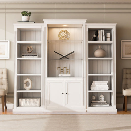 Retro Style 3 Piece Bookcase Display Cabinet With Adjustable LED Lighting, Tempered Glass Shelves - White