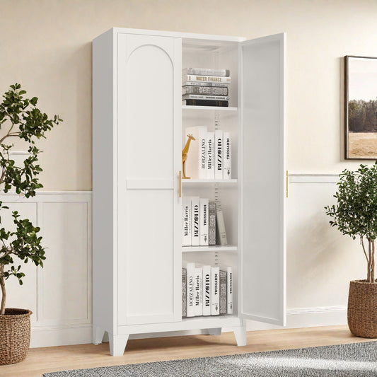 2 Shapely Doors Cabinet Metal Storage Cabinet With Doors And Adjustable Shelves For Bedroom Living Room - White