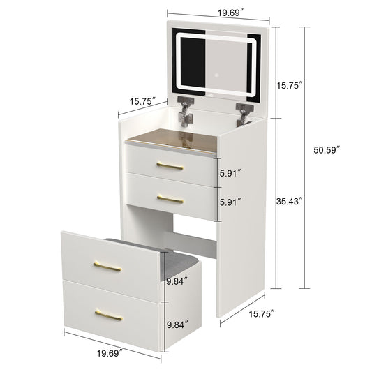 Compact 3 In 1 Vanity Desk With Open Top Mirror, Glass Desktop, 5 Height - White