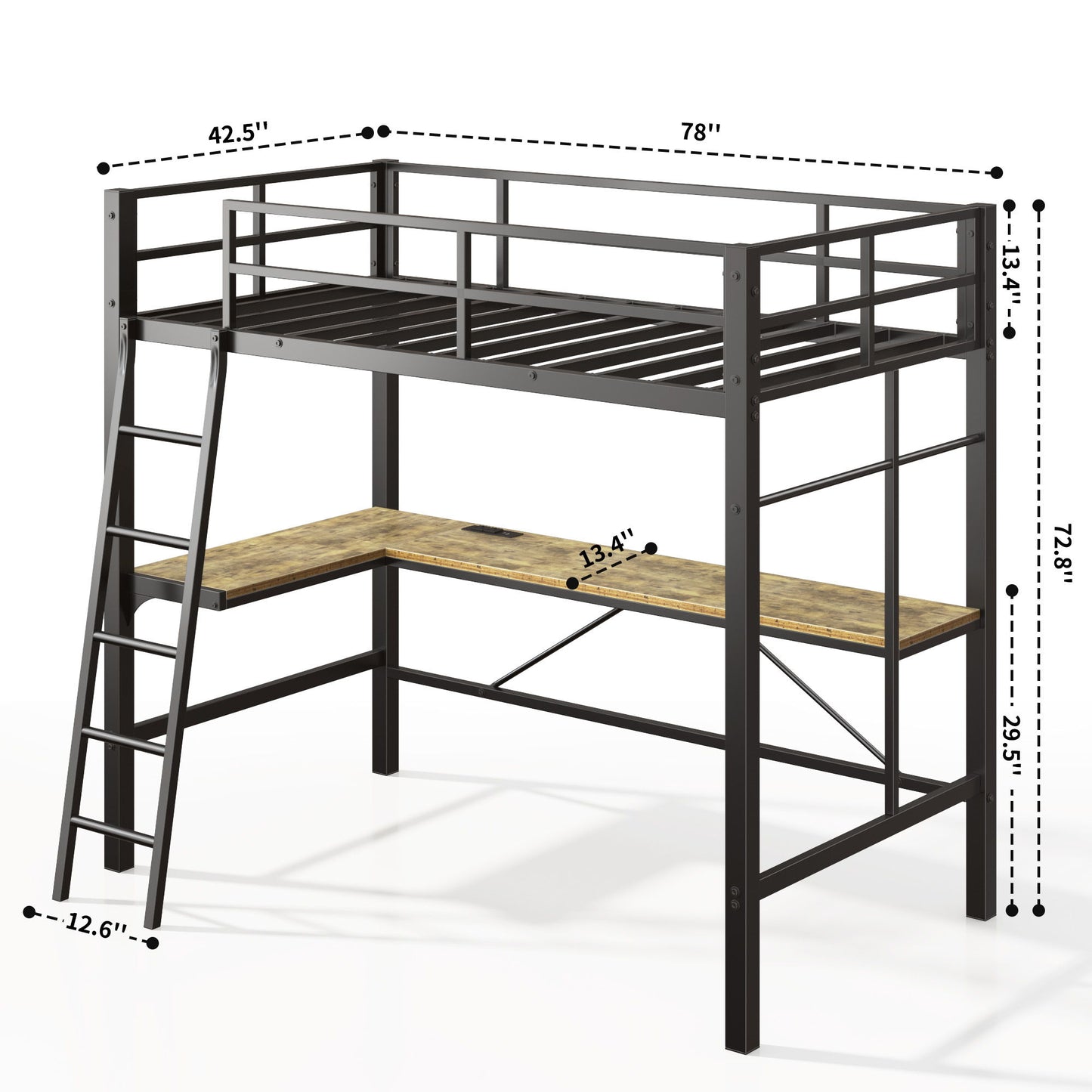 Twin Metal Loft Bed With L - Shaped Desk, Charging Station Loft Bed Frame Twin Size, Safety Guard & Ladder, No Box Spring Needed - Black