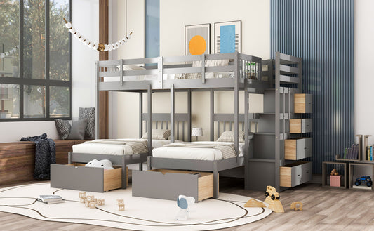 Multifunctional Triple Bunk Bed With Drawers And Guardrails