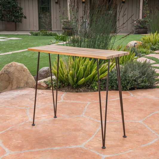 Outdoor Bar Table With Wood Tabletop And Iron Hairpin Legs - Black / Teak