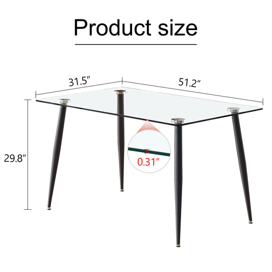 Modern Rectangular Glass Dining Table With Tempered Glass Top And Metal Legs For 4 - 6 People - Black / Transparent