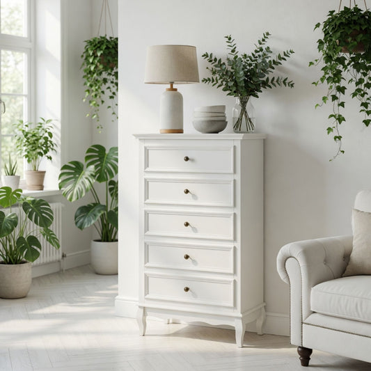 5 Drawer Tall Wide Chest Of Drawers - White