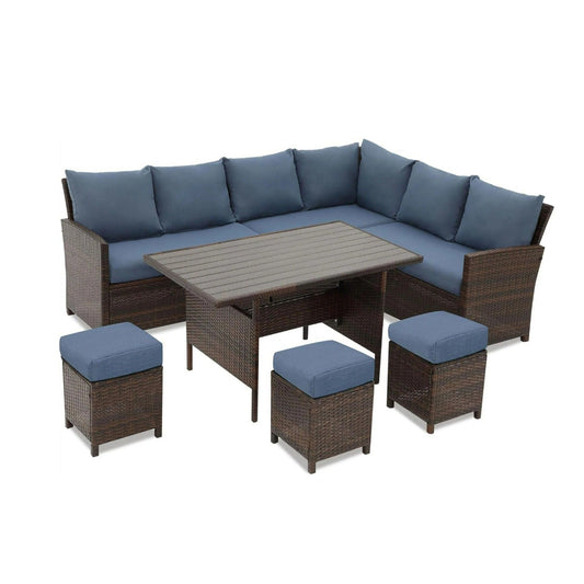 7 Piece Patio Dining Set With Cushions, Modular Sectional Sofa & Storage Table