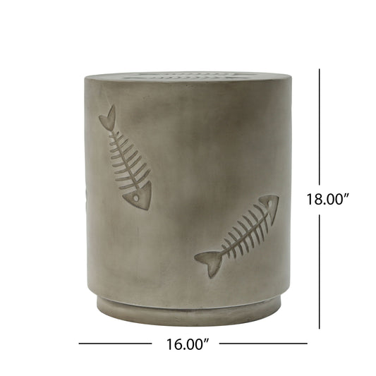 Rustic Magnesium Oxide Side Table With Fish Pattern Design - Gray