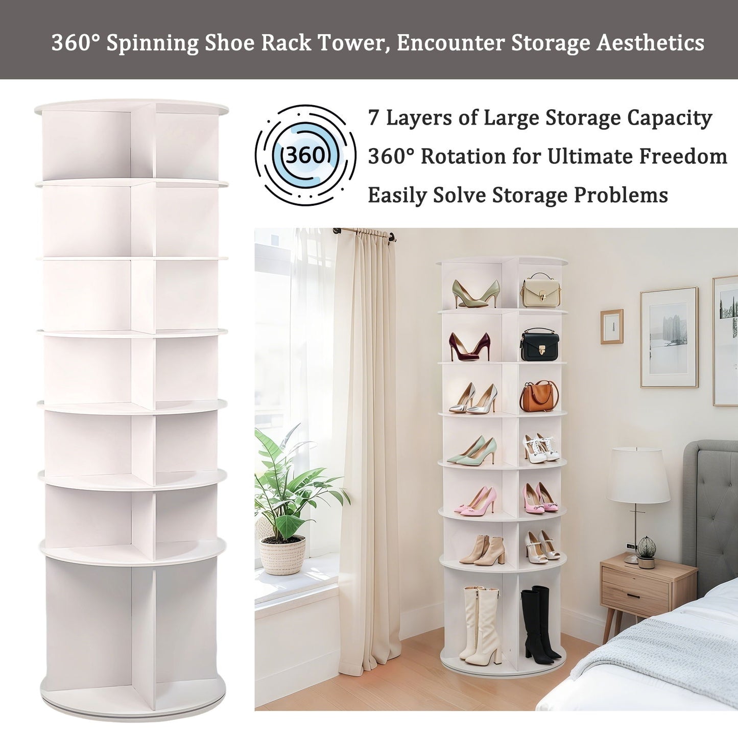 7 Tier Rotating Shoe Rack With High Base Design, Freestanding 360° Organizer For 28 Pairs - White