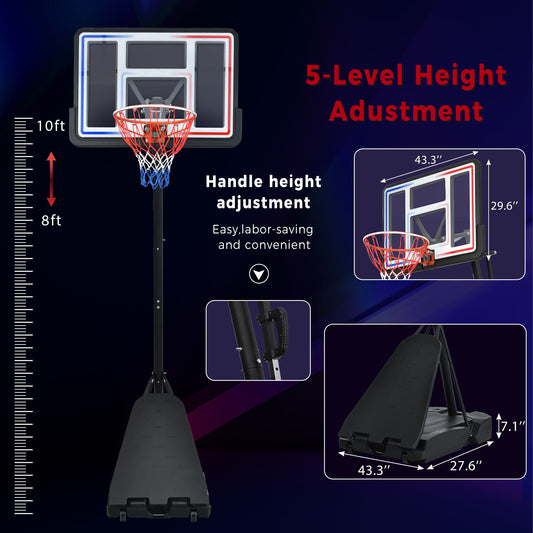 Portable Basketball Hoop Basketball System Adjustable For Youth Adults LED Basketball Hoop Lights, Colorful Lights, Waterproof, Super Bright To Play At Night Outdoors, Good Gift For Kids - Black