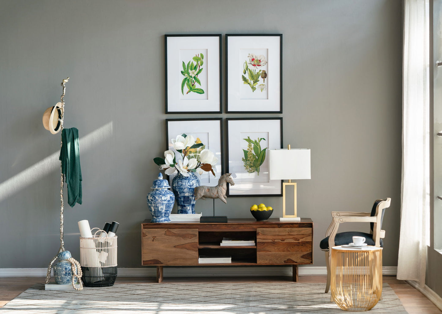 Botanical Flower Wall Art, Home Decor For Living Room Dining Room, Bedroom, Hallway (Set of 4) - White / Blue