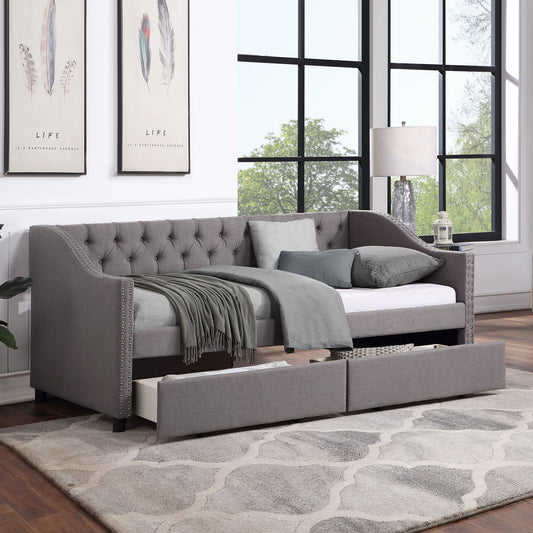 Twin Size Upholstered Daybed With Two Drawers, Slat Support - Gray
