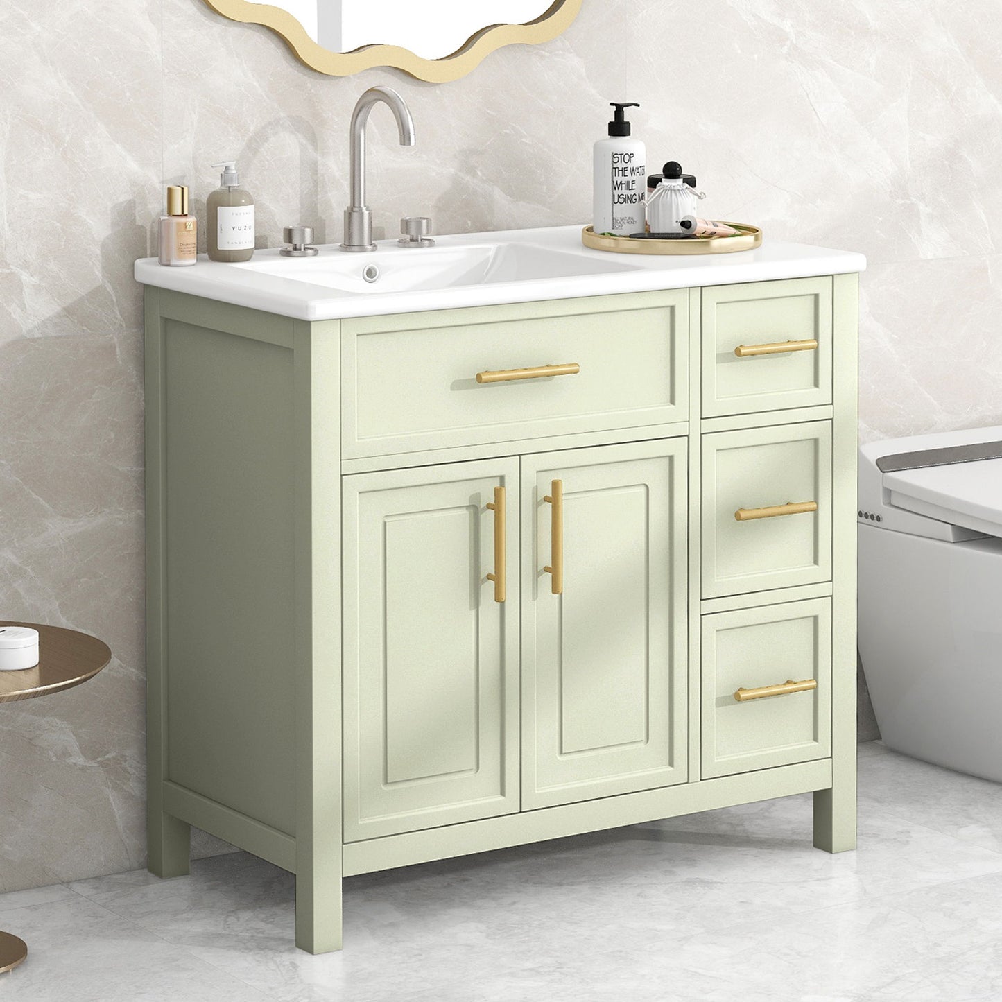 36" Bathroom Vanity With Sink, 2 Doors, 3 Drawers, Rectangular - White