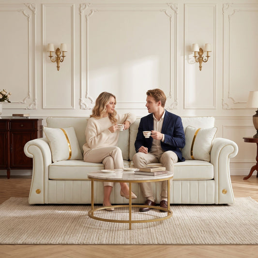 Sofa With Rolled Arms, 3 Seater Couch, Living Room Accent - Cream White