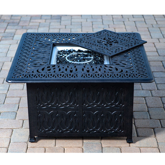Elegant Cast Aluminum Square Fire Table With Fire Glass And Cover - Antique Bronze