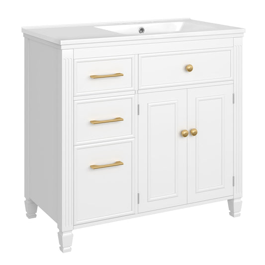 Modern Bathroom Vanity With Ceramic Sink, Freestanding, One Tip Out Drawer, 3 Side Drawers, Adjustable Shelf