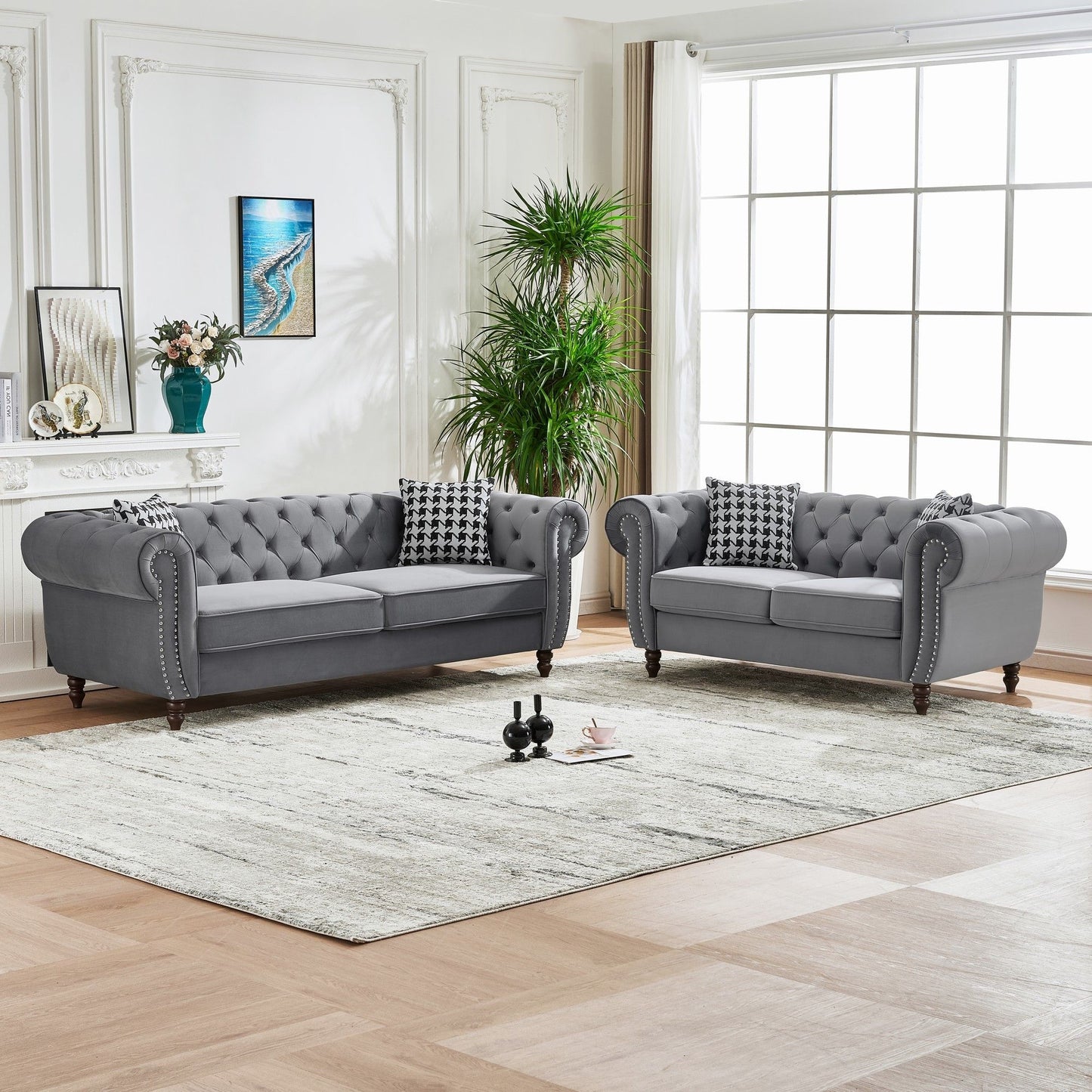 Chesterfield 3 And 2 Seater Velvet Upholstery Sofa With Roll Armrest & Nailhead Fabric Couch