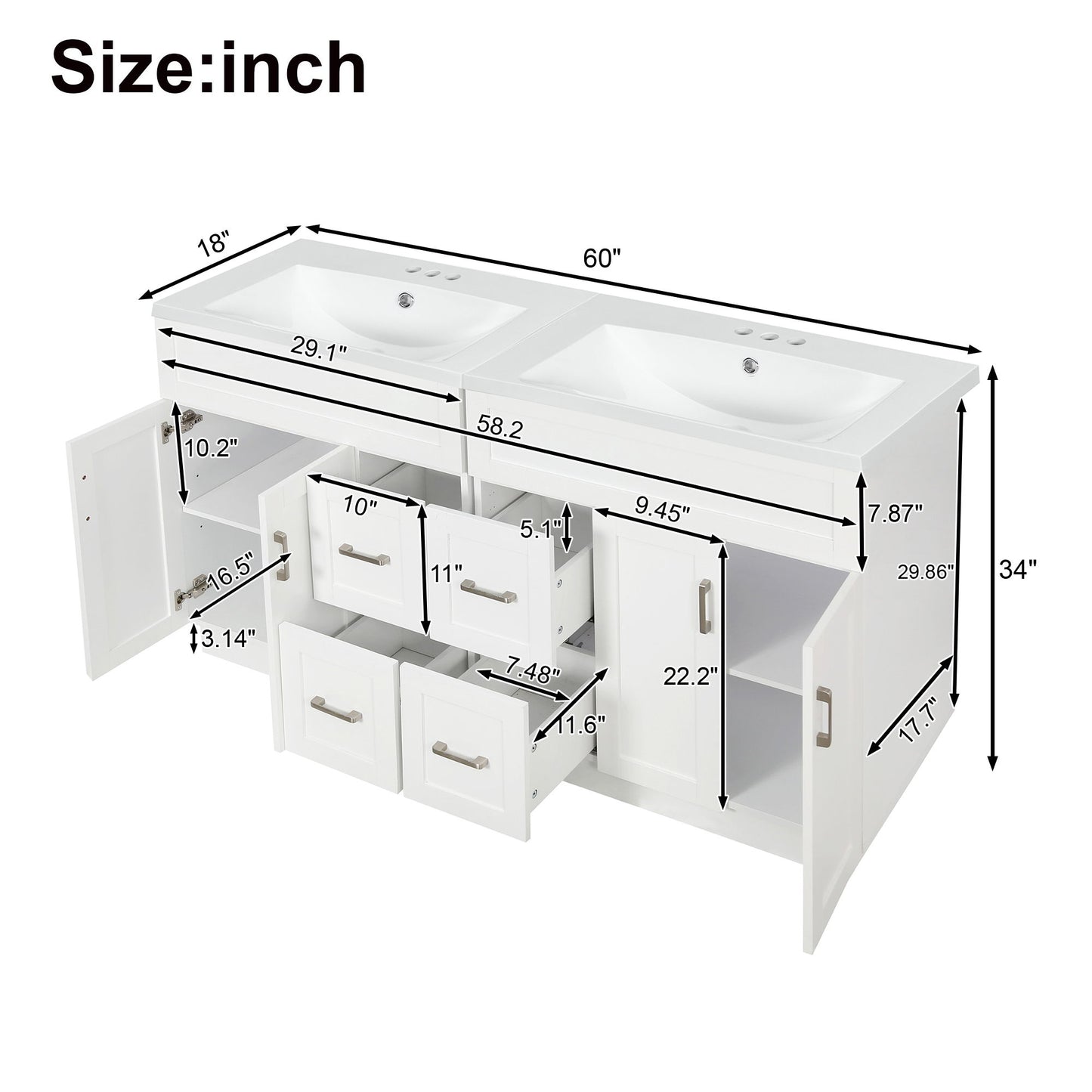 Bathroom Vanity With Dual Sinks, 4 Cabinet Doors, 4 Drawers, Adjustable Shelves - White