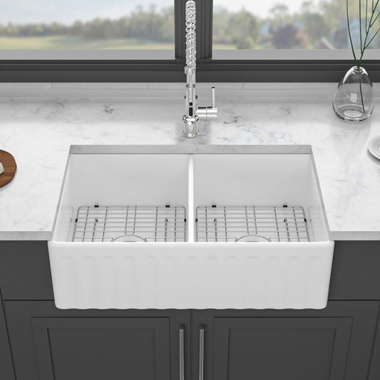 Sink 33" Double Bowl Kitchen Sink With Deep Bowls And Grids - White