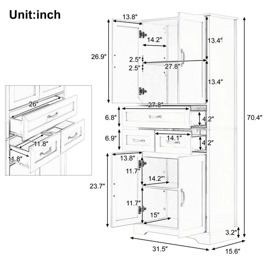 Tall Bathroom Storage Cabinet With 4 Doors 3 Drawers Adjustable Shelves - White
