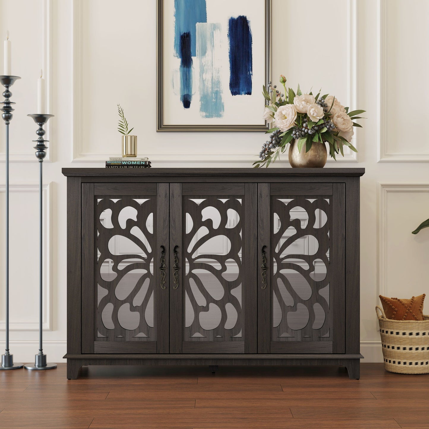 Spacious Countertop Sideboard With 3 Mirrored Doors, Adjustable Shelves - Dark Brown