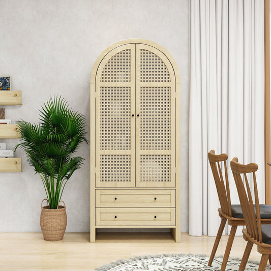 Tall Arched Kitchen Pantry, Arched Storage Display Cabinet With 2 Drawers & Adjustable Shelves, Rattan Door Versatile Storage Cabinet For Kitchen, Dining Room, Living Room - Natural