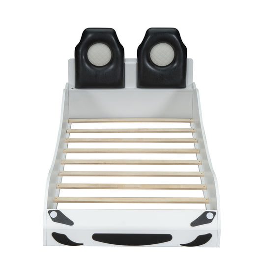 Race Car Shaped Platform Bed With LED And Upholstered Backrest In