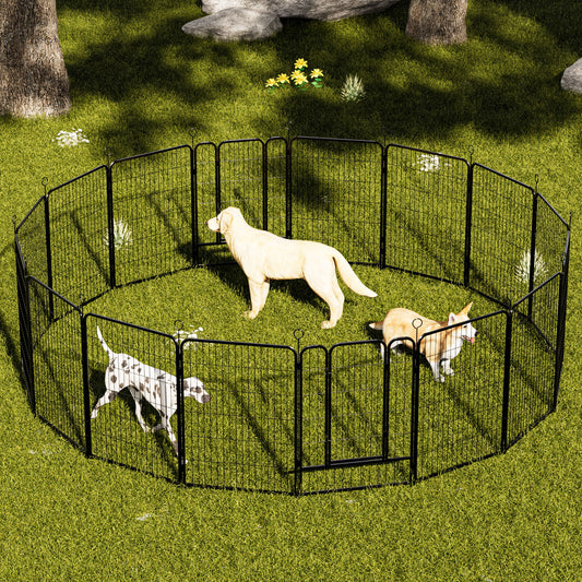 Dog Playpen, 16 Panels Pet Exercise Pen Indoor / Outdoor Fence With Anti Skid Base - Black