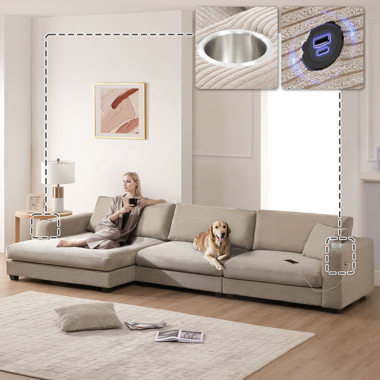 Oversized Sectional L Shaped Cloud Couch With USB Charging Port Cup Holder Deep And Wide Seat Sofa With Chaise Comfy