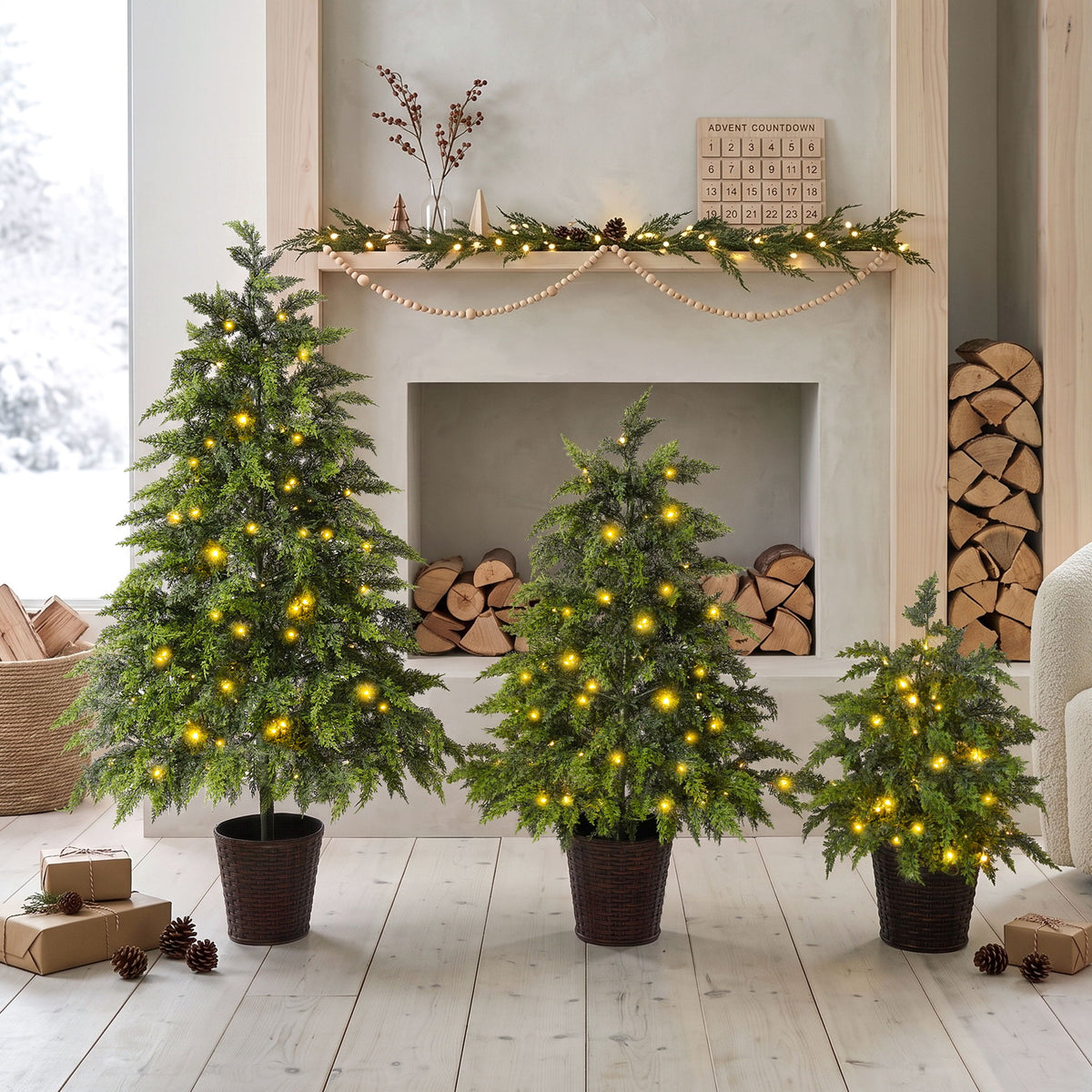 3 Piece Pre Lit Christmas Tree Set With Warm Glowing LED Lights, Sturdy Potted Base, Full Cascading Branches - Green