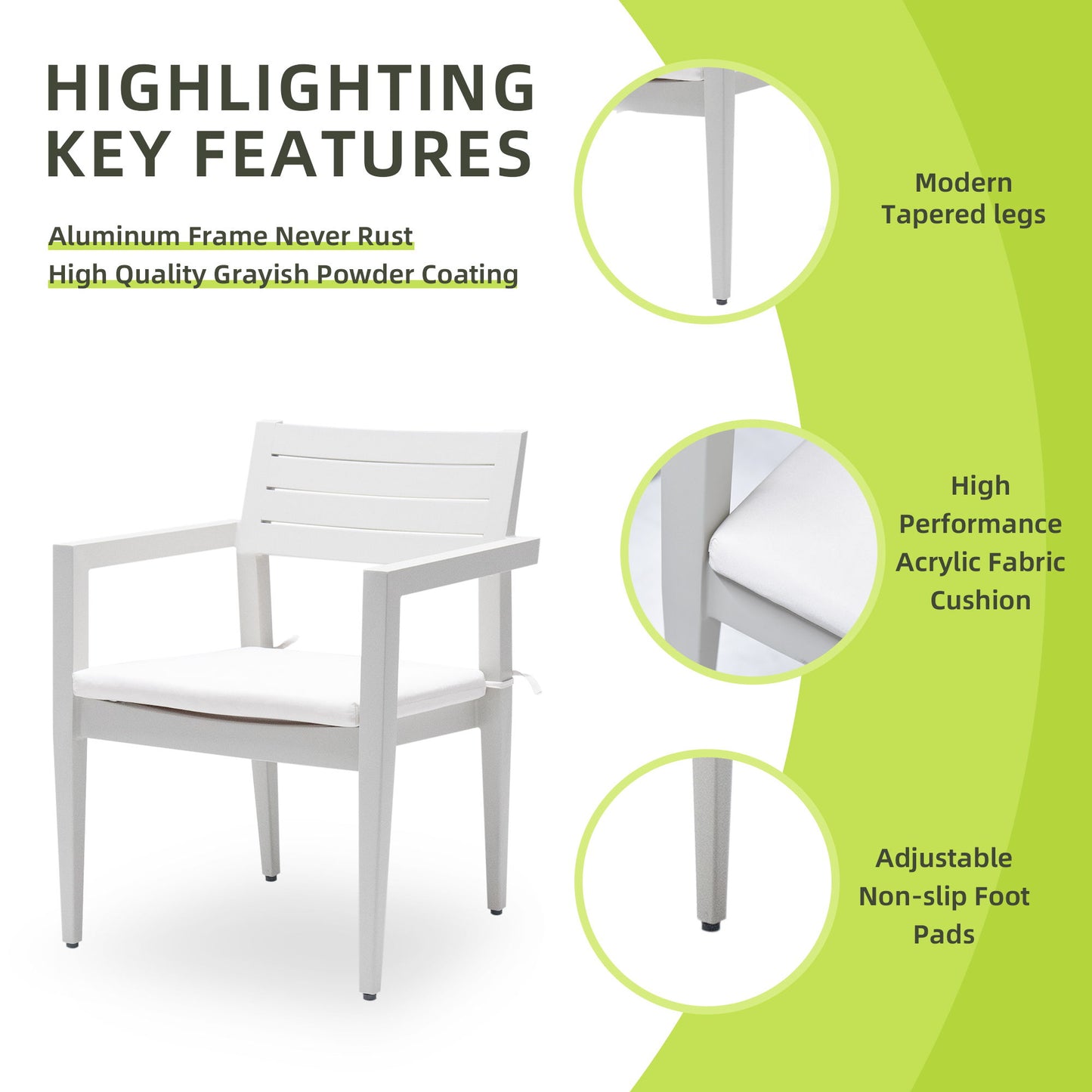 Outdoor Patio Stationary Dining Chairs With Outdoo Grade Sunbrella Fabric Cushions, Tapered Feet (Set of 4) - Grayish