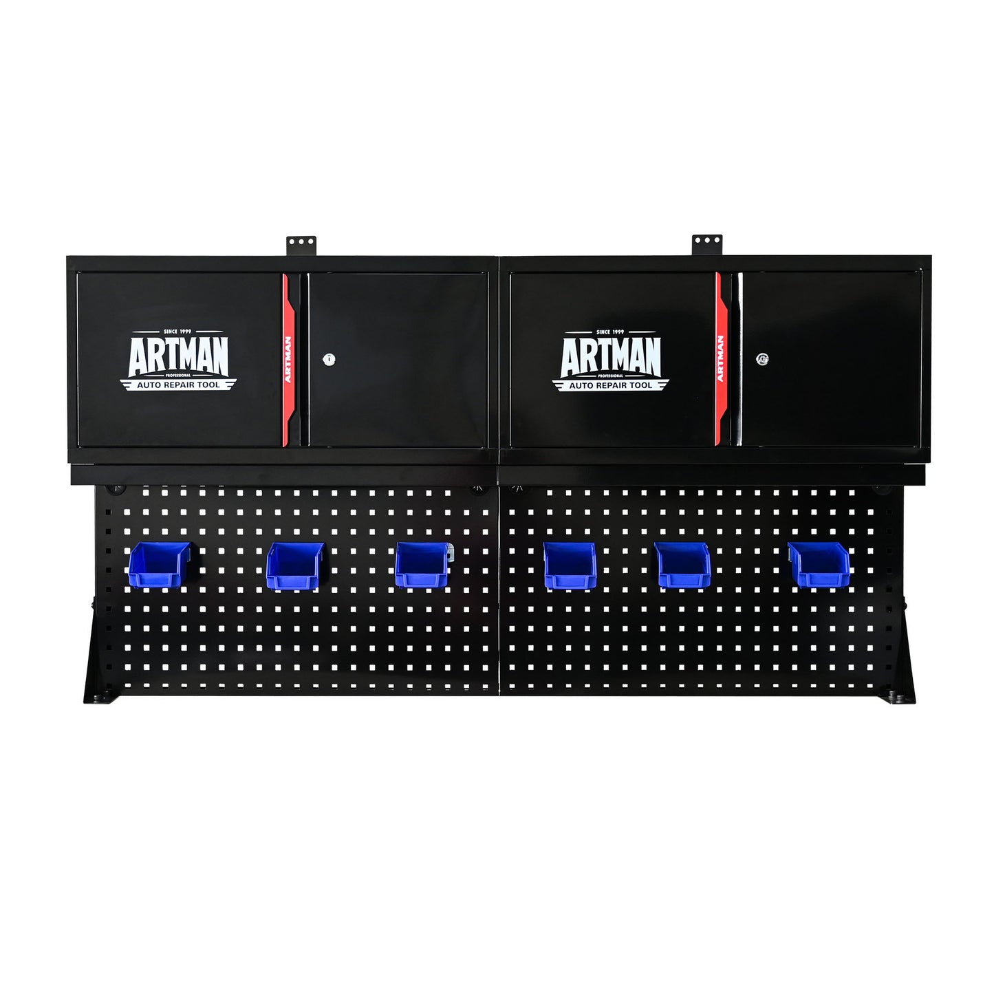 Wall Mounted Double Door Storage Cabinet With Tool Rack And Hooks, Stainless Steel - Black / Red