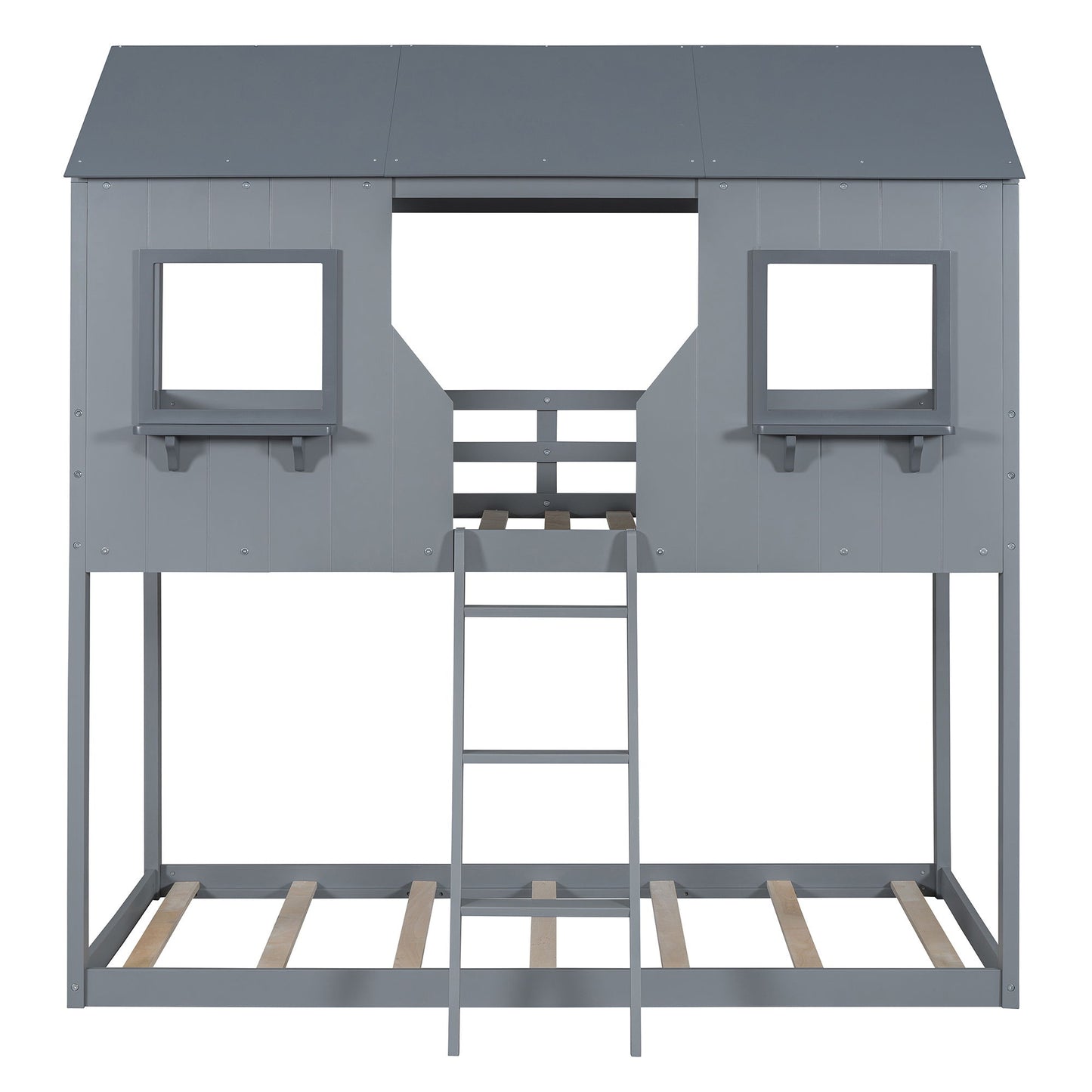 Twin Over Twin Bunk Bed With Roof, Window, Guardrail, Ladder