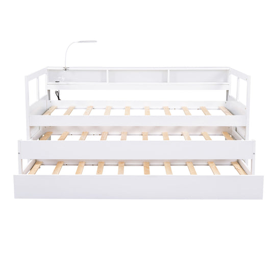 Daybed With 2 Trundles, 3 Storage Cubbies, Built In USB Charging Light