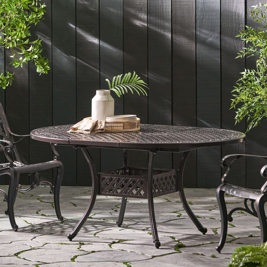 Outdoor Expandable Aluminum Dining Table With Latticework Details And Curvy Legs