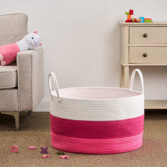 Cotton Round Laundry And Storage Basket With Handles - Pink / White